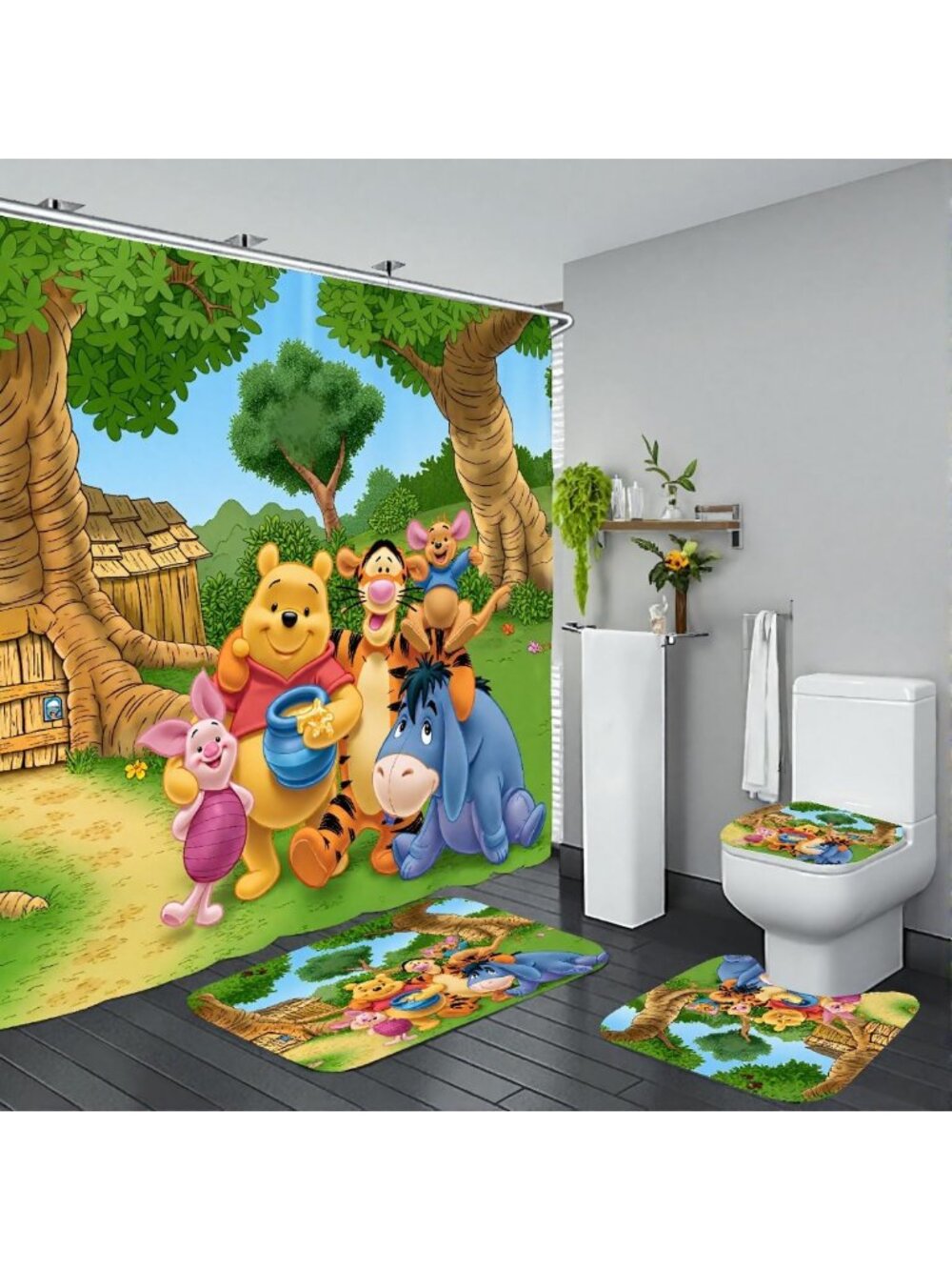 4-Piece Shower Curtain Set with Matching Accessories - Cute Bathroom Decor
